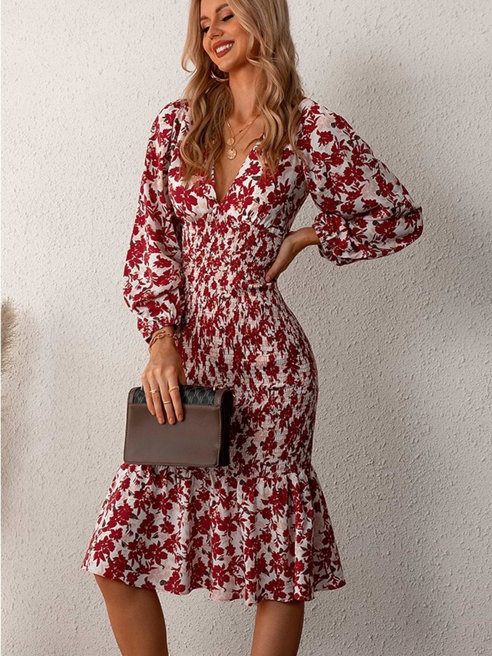 Cupshe Island Sun Floral Print Smocked Ruffled Midi Dress